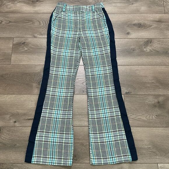 Tanya Taylor Fallon Green‎ Houndstooth Plaid High Rise Semi Flare Pants Size 2 - Picture 3 of 14